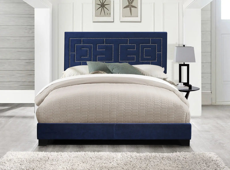 Hadlee King Bed, Dark Blue Velvet w/Nailhead Trim Headboard iHome Studio