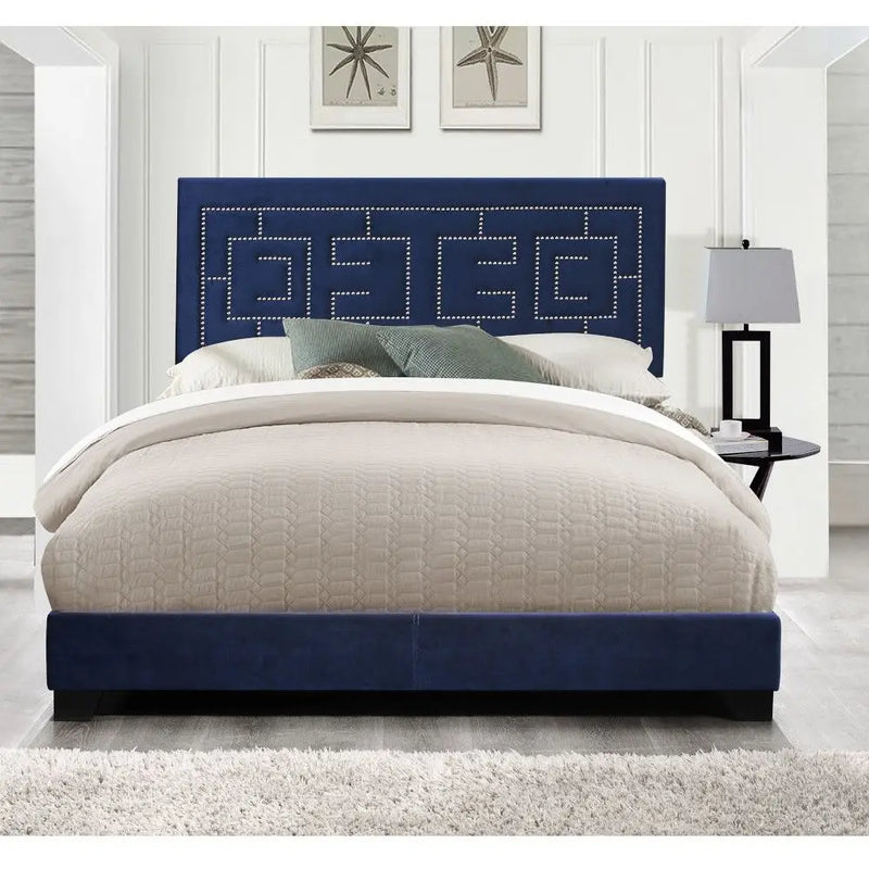 Hadlee Queen Bed, Dark Blue Velvet w/Nailhead Trim Headboard iHome Studio