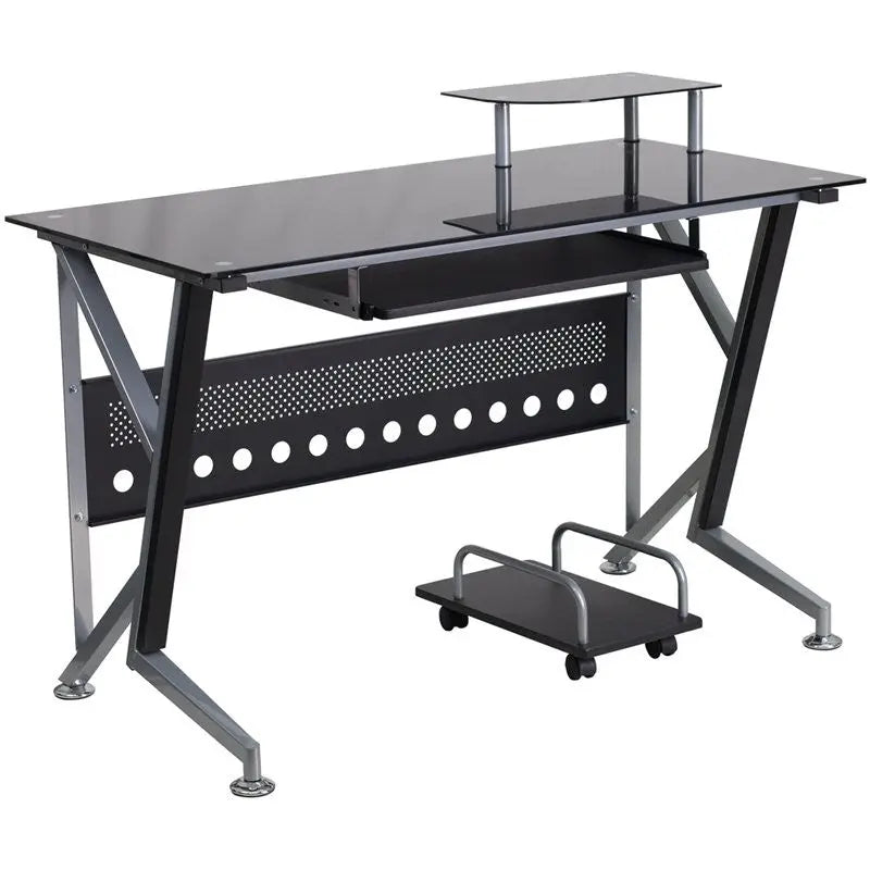 Hamlet Black Glass Computer Desk w/Pull-Out Keyboard Tray & CPU Cart iHome Studio