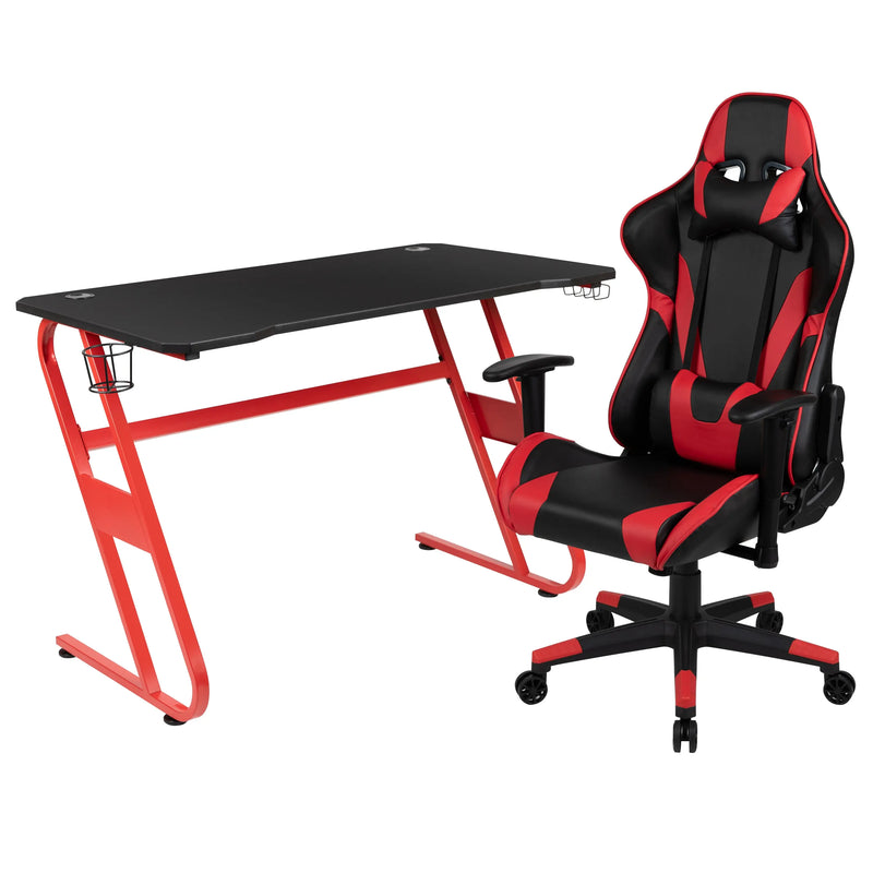 Hamlet Laminate Top, Red Frame Desk w/Removable Headrest & Lumbar Support Chair Set iHome Studio