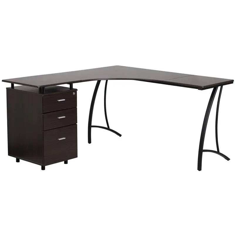 Hamlet Walnut Laminate L-Shape Computer Desk w/Three Drawer Pedestal iHome Studio