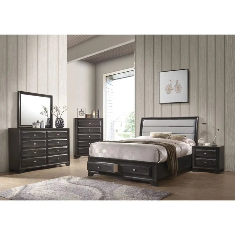 Hank Queen Bed w/Front Drawers, Gray Fabric & Antique Gray iHome Studio