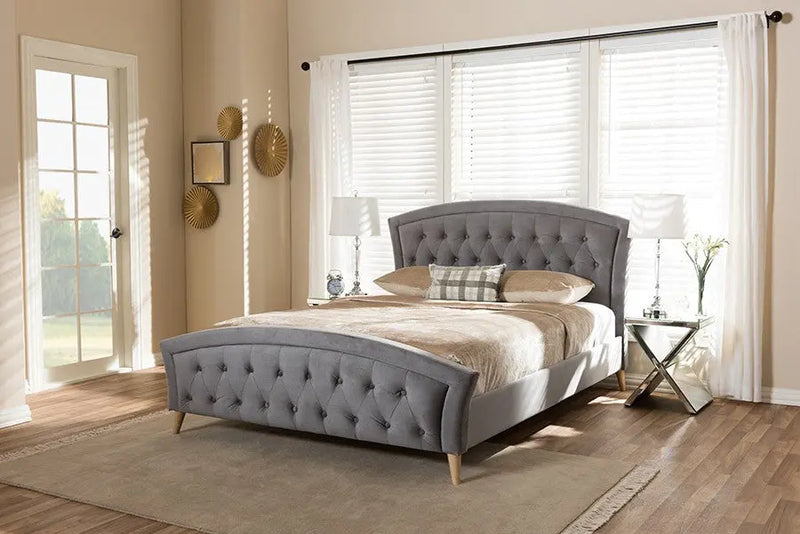 Hannah Grey Velvet Fabric Platform Bed w/Diamond Shape Tufting Board (Queen) iHome Studio