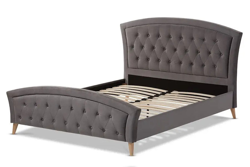 Hannah Grey Velvet Fabric Platform Bed w/Diamond Shape Tufting Board (Queen) iHome Studio