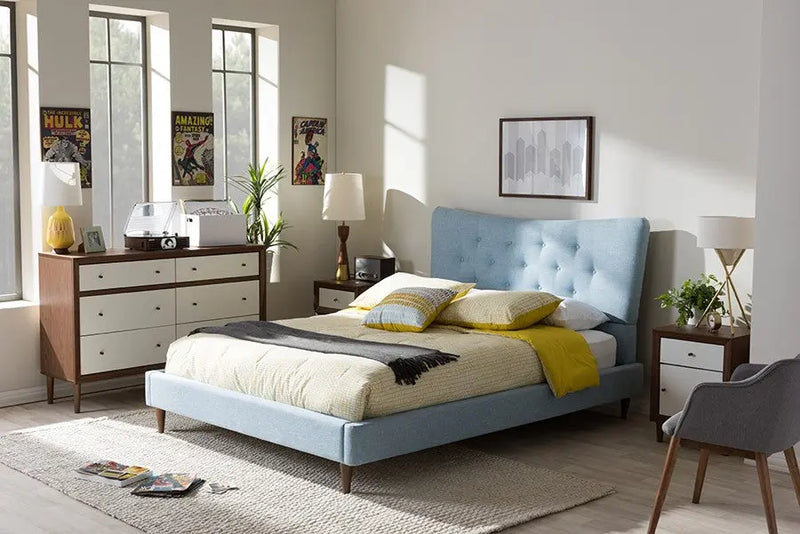 Hannah Sky Blue Fabric Button Tufted Platform Bed (Queen) iHome Studio