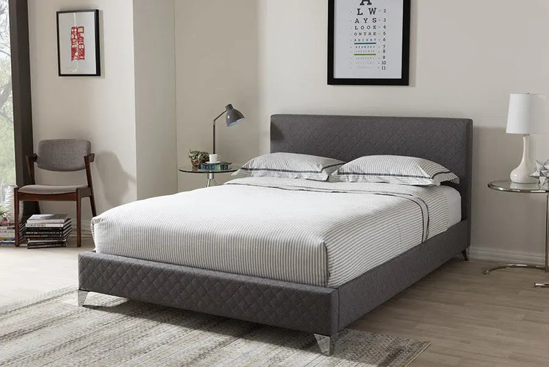 Harlow Grey Quilted Fabric Upholstered Platform Bed w/Chrome Legs (Queen) iHome Studio