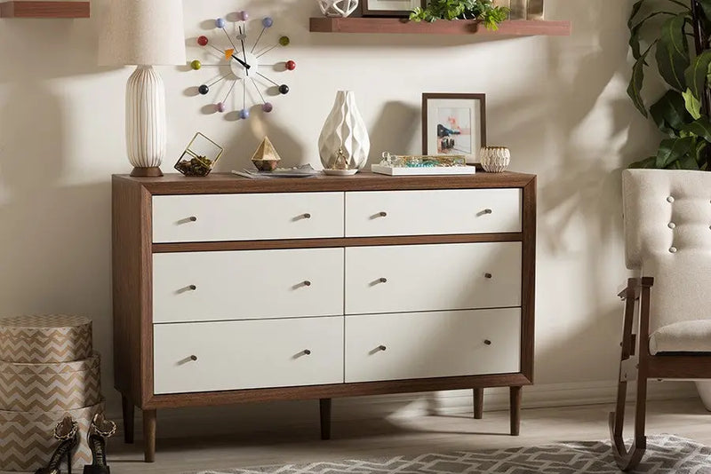 Harlow Mid-century Modern Scandinavian Style White and Walnut Wood 6-drawer Storage Dresser iHome Studio