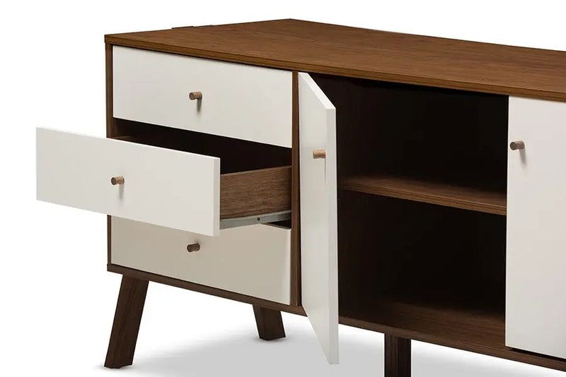 Harlow Scandinavian Style White and Walnut Wood Sideboard Storage Cabinet iHome Studio