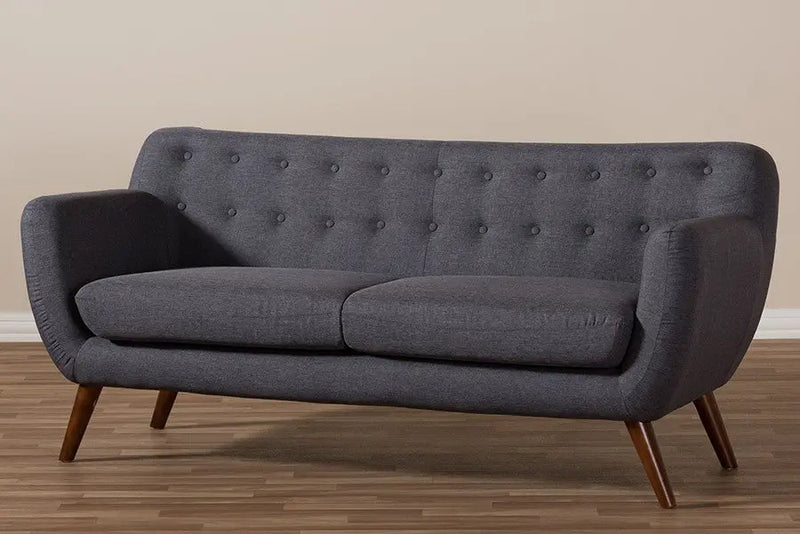 Harper Dark Grey Fabric Upholstered Walnut Wood Button-Tufted 3-Seater Sofa iHome Studio