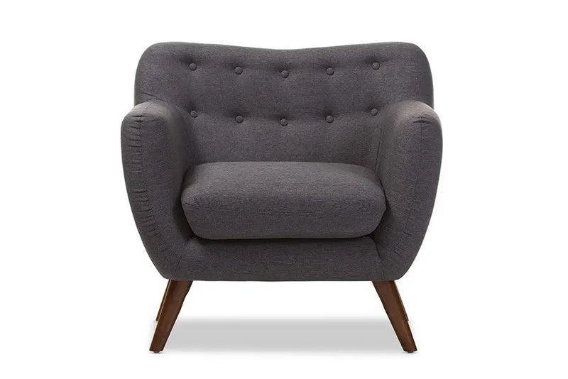 Harper Dark Grey Fabric Upholstered Walnut Wood Button-Tufted Armchair iHome Studio