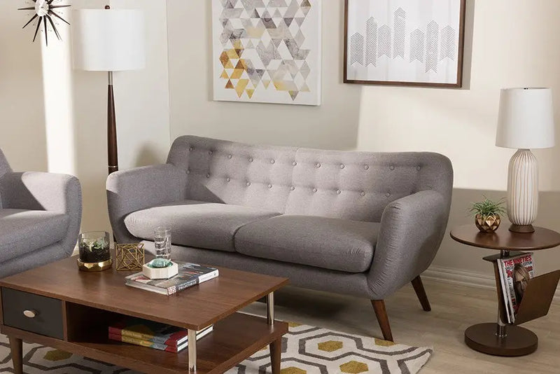 Harper Light Grey Fabric Upholstered Walnut Wood Button-Tufted 3-Seater Sofa iHome Studio