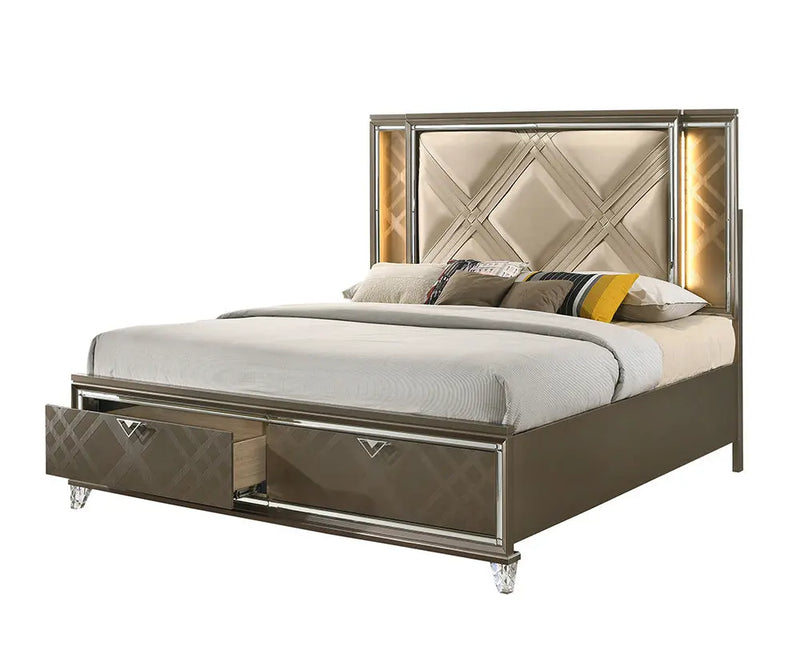 Harvey King Bed w/Drawer, LED, Faux Leather & Dark Champagne iHome Studio