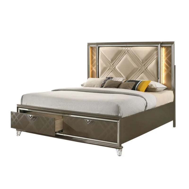 Harvey Queen Bed w/Drawer, LED, Faux Leather & Dark Champagne iHome Studio