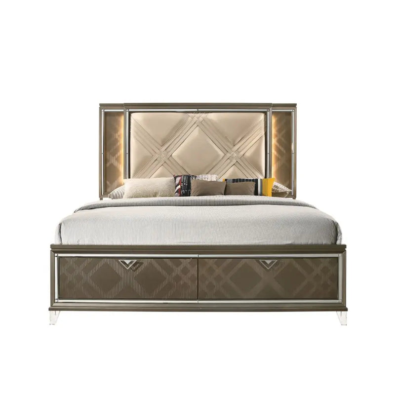 Harvey Queen Bed w/Drawer, LED, Faux Leather & Dark Champagne iHome Studio