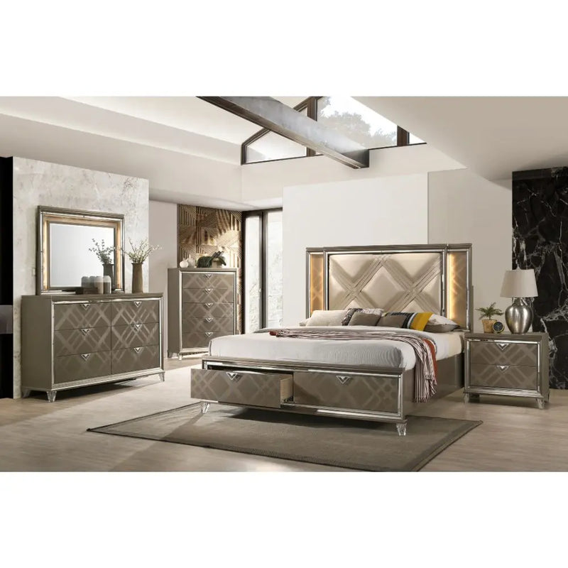 Harvey Queen Bed w/Drawer, LED, Faux Leather & Dark Champagne iHome Studio