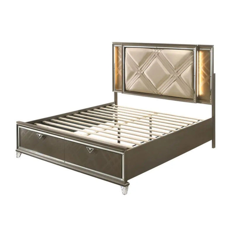 Harvey Queen Bed w/Drawer, LED, Faux Leather & Dark Champagne iHome Studio