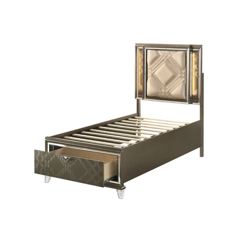 Harvey Twin Bed w/Drawer, LED, Faux Leather & Dark Champagne iHome Studio