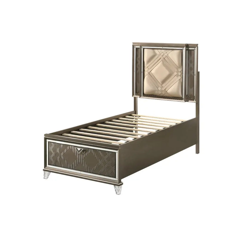 Harvey Twin Bed w/Drawer, LED, Faux Leather & Dark Champagne iHome Studio