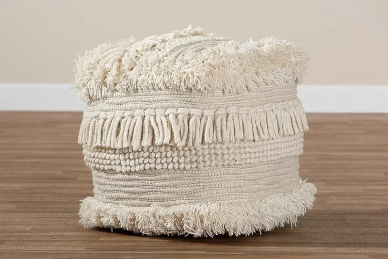 Henry Moroccan Inspired Beige Handwoven Cotton Pouf Ottoman iHome Studio