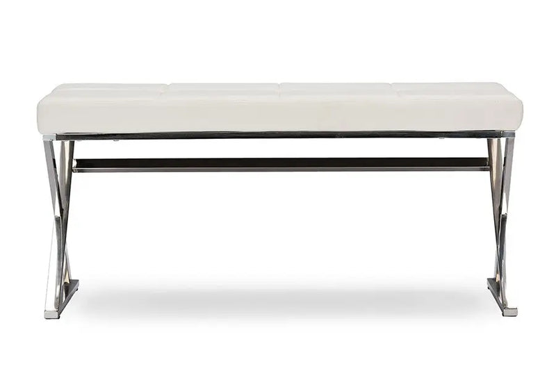 Herald Stainless Steel and White Faux Leather Upholstered Rectangle Bench iHome Studio