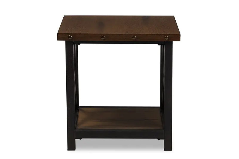 Herzen Antique Black Textured Finished Metal Distressed Wood Occasional End Table iHome Studio