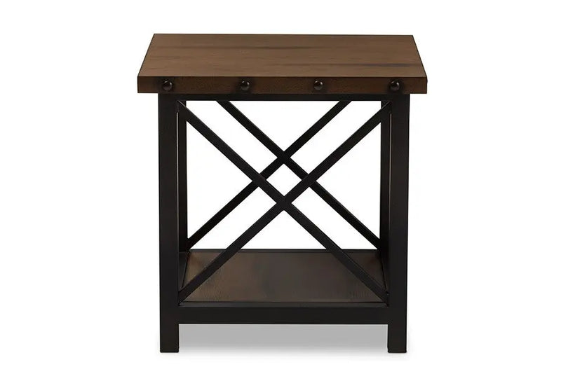 Herzen Antique Black Textured Finished Metal Distressed Wood Occasional End Table iHome Studio