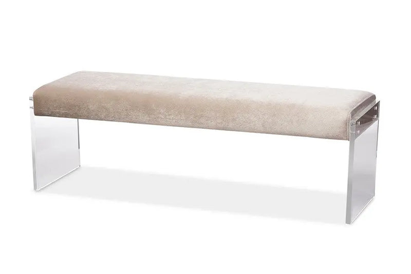 Hildon Beige Microsuede Fabric Upholstered Lux Bench with Paneled Acrylic Legs iHome Studio