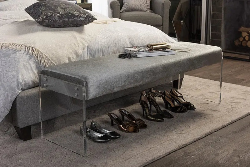Hildon Grey Microsuede Fabric Upholstered Lux Bench with Paneled Acrylic Legs iHome Studio