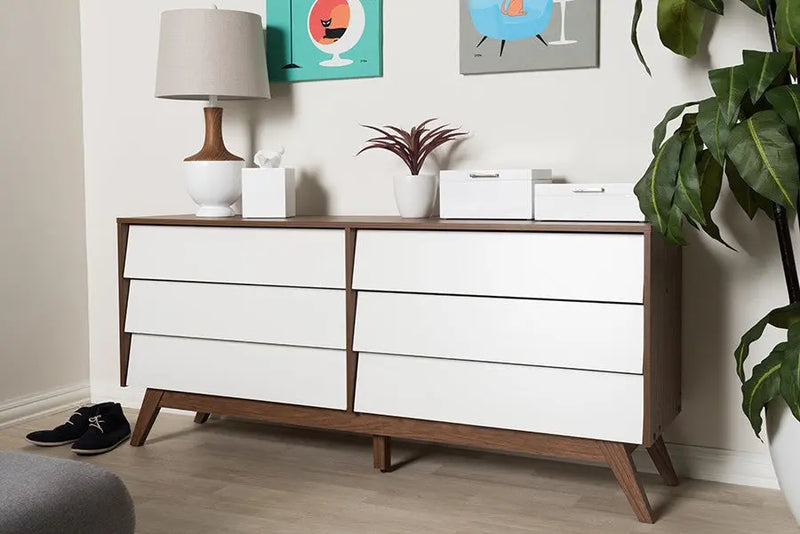 Hildon Mid-Century Modern White and Walnut Wood 6-Drawer Storage Dresser iHome Studio