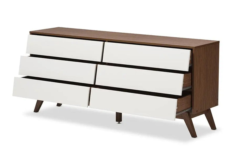 Hildon Mid-Century Modern White and Walnut Wood 6-Drawer Storage Dresser iHome Studio
