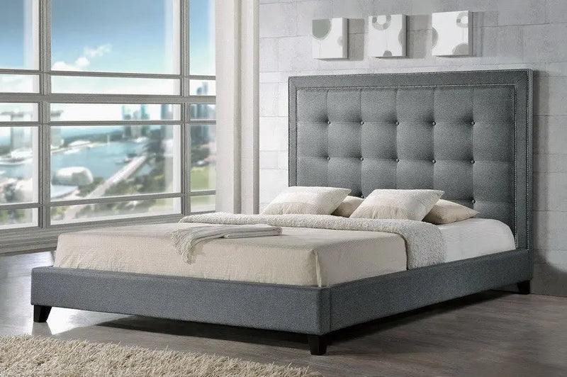 Hirst Grey Platform Bed w/Button Tuftedd Headboard (Queen) iHome Studio