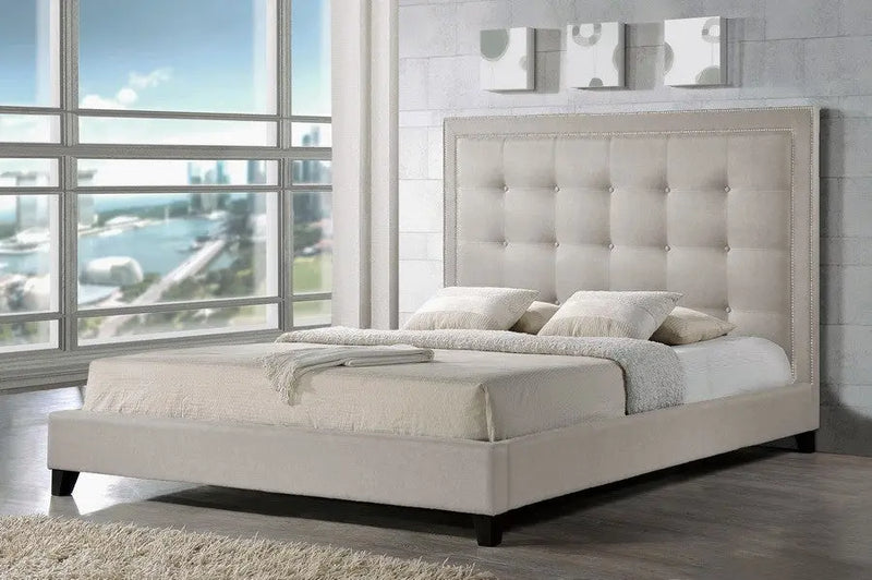 Hirst Light Beige Linen Platform Bed w/Button Tufted Headboard (Queen) iHome Studio