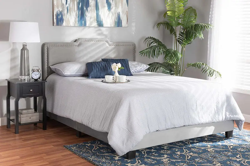 Hobart Gray Velvet Fabric Upholstered Panel Bed (Full) iHome Studio
