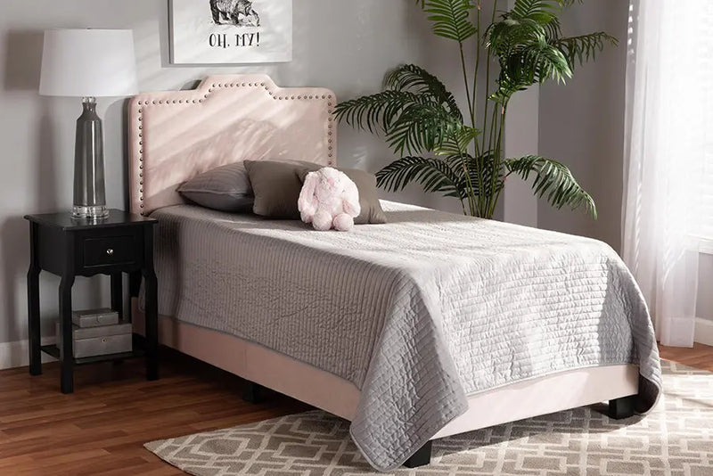Hobart Light Pink Velvet Fabric Upholstered Panel Bed (Twin) iHome Studio