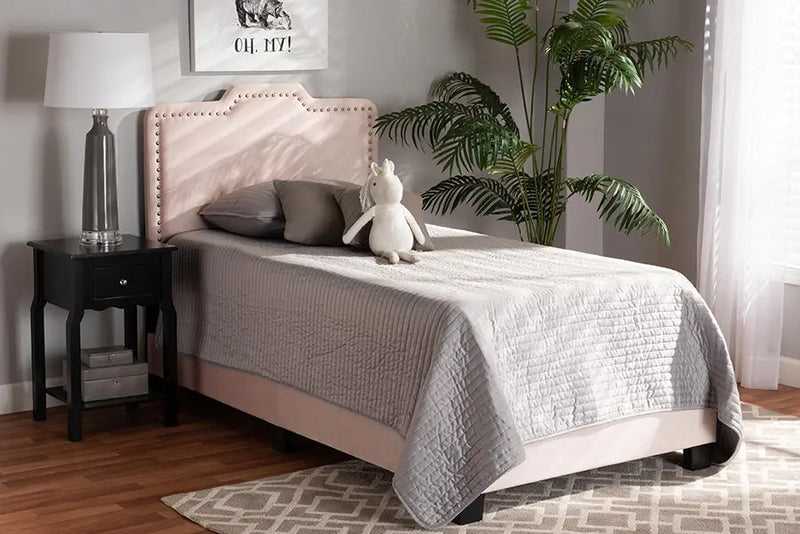 Hobart Light Pink Velvet Fabric Upholstered Panel Bed (Twin) iHome Studio