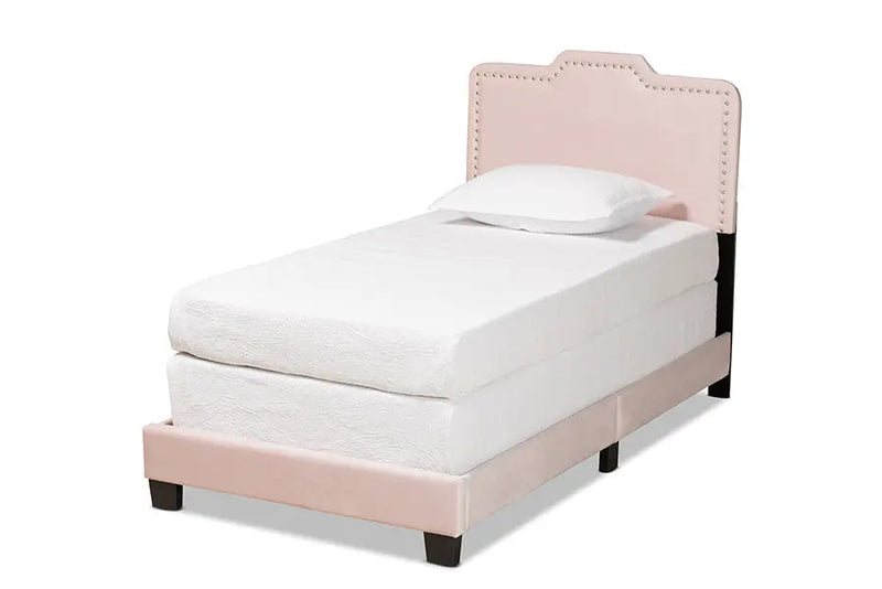 Hobart Light Pink Velvet Fabric Upholstered Panel Bed (Twin) iHome Studio