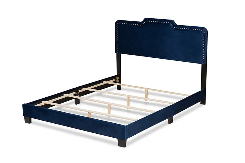Hobart Navy Blue Velvet Fabric Upholstered Panel Bed (Queen) iHome Studio