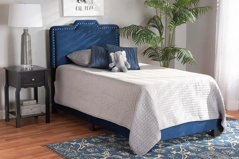 Hobart Navy Blue Velvet Fabric Upholstered Panel Bed (Twin) iHome Studio