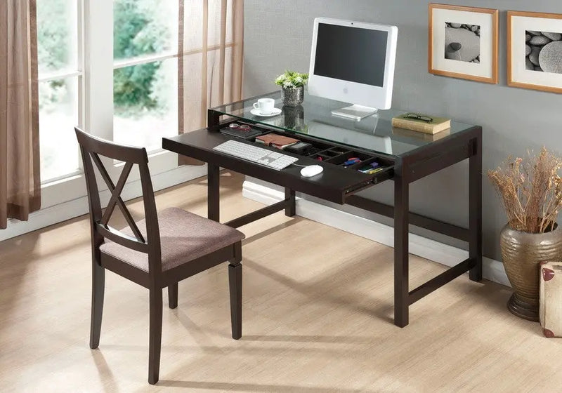 Home Office Idabel Dark Brown Wood Modern Desk with Glass Top iHome Studio