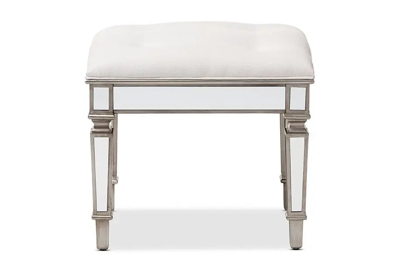 Ian Off White Fabric Upholstered Mirrored Ottoman Vanity Bench iHome Studio