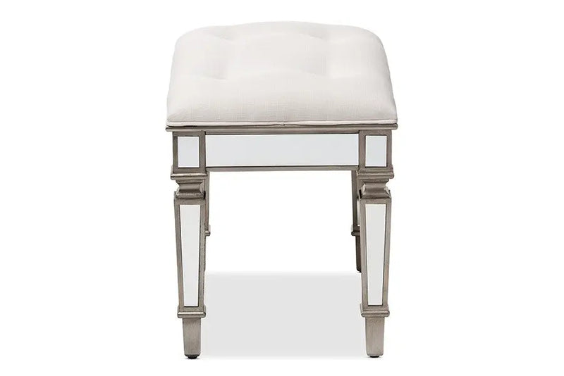 Ian Off White Fabric Upholstered Mirrored Ottoman Vanity Bench iHome Studio