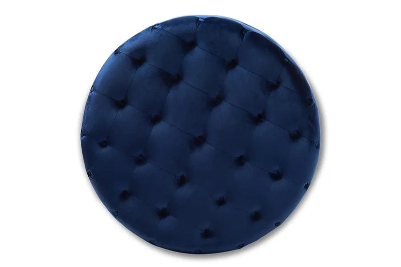 Isaac Transitional Royal Blue Velvet Fabric Upholstered Button Tufted Cocktail Ottoman iHome Studio