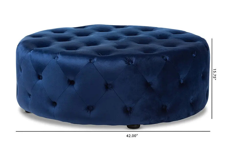 Isaac Transitional Royal Blue Velvet Fabric Upholstered Button Tufted Cocktail Ottoman iHome Studio