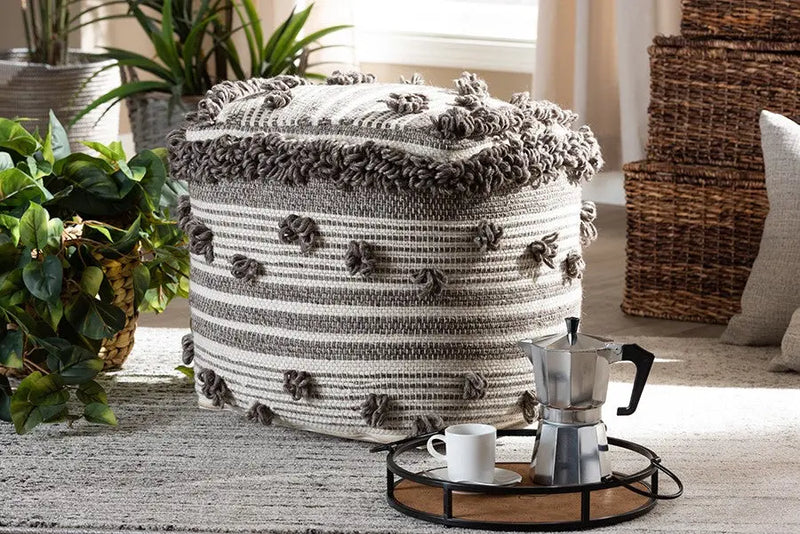 Isaiah Moroccan Inspired Ivory and Brown Handwoven Wool Pouf Ottoman iHome Studio