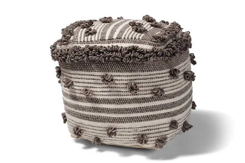 Isaiah Moroccan Inspired Ivory and Brown Handwoven Wool Pouf Ottoman iHome Studio