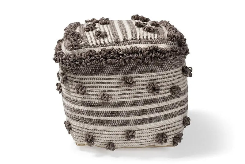 Isaiah Moroccan Inspired Ivory and Brown Handwoven Wool Pouf Ottoman iHome Studio