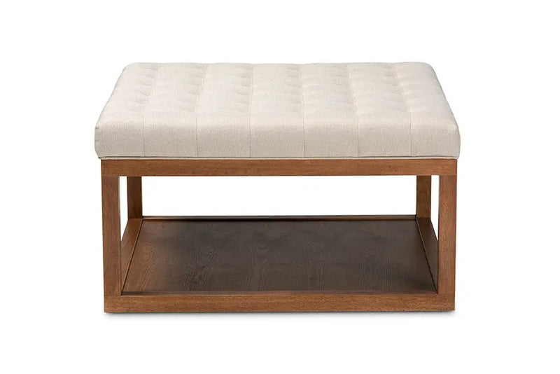 Jacob Beige Fabric Upholstered Walnut Finished Cocktail Ottoman iHome Studio