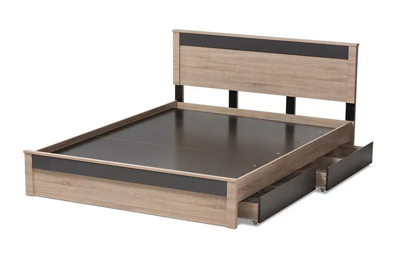 Jamie Two-Tone Oak & Grey Wood 2-Drawer Storage Platform Bed (Queen) iHome Studio