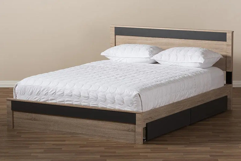 Jamie Two-Tone Oak & Grey Wood 2-Drawer Storage Platform Bed (Queen) iHome Studio
