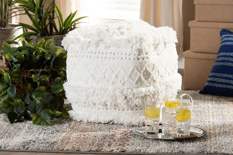 Jaxon Moroccan Inspired Ivory Handwoven Cotton Pouf Ottoman iHome Studio